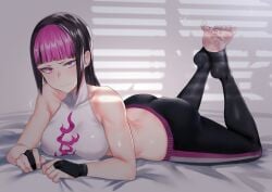 alternative_costume ass bangs bed_sheet black_hair black_legwear blunt_bangs breasts closed_mouth clothing crop_top eye_(mememem) feet feet_up female female high_resolution indoors juri_han large_breasts legwear long_hair looking_at_viewer lying multicolored_hair nail_polish no_shoes on_stomach pink_eyes pink_hair print_shirt shadow shiny shiny_hair shiny_skin shirt short_eyebrows sidelocks sleeveless smile soles solo street_fighter street_fighter_v striped striped_legwear the_pose toeless_legwear toenail_polish toenails toes very_high_resolution white_shirt