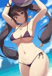 1girls 2022 armpits arms_above_head arms_up beach beach_ball black_hair breasts female female_only genshin_impact green_eyes hips huge_breasts long_hair mona_(genshin_impact) outdoors samegami slim_waist smile thick_thighs thighs twintails wide_hips