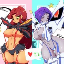 2girls alien alien_girl big_breasts breasts clothed_female comic_book_character cosplay dc dc_comics female_focus female_only green_eyes hi_res huge_breasts junketsu kill_la_kill kiryuuin_satsuki_(cosplay) large_ass large_breasts long_hair lunaexhabbitix matoi_ryuuko_(cosplay) midriff purple_eyes purple_hair rachel_roth raven_(dc) red_hair senketsu short_hair sideboob starfire superheroine tagme teen_titans teenager thighhighs wide_hips