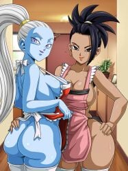 2girls angel angel_(dragon_ball) apron apron_lift ass ass_grab big_ass big_breasts black_hair blue_skin blush breasts cleavage clothing dark-skinned_female dark_skin dragon_ball dragon_ball_super dragon_ball_z female female_only hair_over_one_eye kale lipstick looking_at_viewer looking_back multiple_girls naked_apron overflowing_breasts ponytail purple_eyes saiyan sano-br shounen_jump sideboob spiky_hair tagme thick_thighs thighhighs universe_6 universe_6/universe_7 universe_6_girls vados white_hair yuri