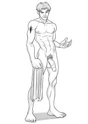 1boy big_balls big_penis cale_tucker flaccid lean_muscle male male_only monochrome muscular muscular_male nude pubes schizoid solo solo_male titan_a.e. towel uncensored uncolored veiny_penis