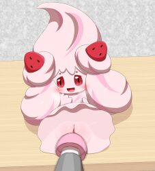 alcremie blush female food food_creature fruit genitals hi_res humanoid lying minami_(artist) nintendo on_back pink_body pink_eyes plant pokémon_(species) pokemon pokemon_(species) pussy sex_toy sex_toy_in_pussy sex_toy_insertion solo strawberry vibrator vibrator_in_pussy video_games