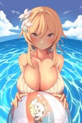 1girls beach_ball bikini blonde_hair blush cleavage genshin_impact large_breasts lumine_(genshin_impact) solo wat_(worldlog)