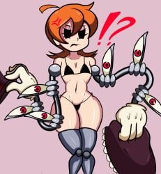 1girls bikini female flat_chest leo_el_random micro_bikini peacock_(skullgirls) skullgirls thick_thighs tophat