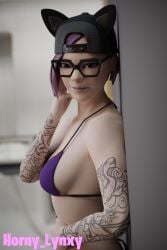 3d female fortnite fortnite:_battle_royale horny_lynxy looking_at_viewer lynx_(fortnite) pink_hair purple_bikini_top purple_eyes