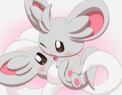 <3_eyes blush bodily_fluids cinccino evolutionary_family female female_on_bottom female_on_top french_kissing fur genital_fluids genitals gradient_background grey_body grey_fur heart hi_res inner_ear_fluff kissing lying mammal minami_(artist) minccino nintendo on_back on_bottom on_front on_top pawpads pink_pawpads pokémon_(species) pokemon pokemon_(species) pussy pussy_juice rubbing_pussy sex simple_background tail_fetish tail_play tail_sex tailjob tongue tongue_out tuft video_games white_body white_fur