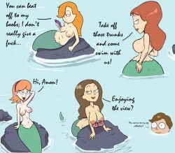 1boy 4girls big_ass big_breasts big_hips blonde_hair breasts brown_hair female green_tail hips jacqueline_(rick_and_morty) jessica_(rick_and_morty) lawyer_morty mermaid morty_smith multiple_girls nipples red_hair rick_and_morty seashell summer_smith terrible_the_drawfag tricia_lange