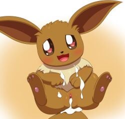 <3_eyes after_sex blush bodily_fluids brown_body brown_eyes brown_fur clitoris cum cum_from_pussy cum_in_pussy cum_inside cum_on_body eevee female feral fur genital_fluids genitals heart hi_res inner_ear_fluff legs_up looking_at_viewer looking_pleasured mammal minami_(artist) neck_tuft nintendo open_mouth pawpads pokémon_(species) pokemon pussy solo tuft video_games