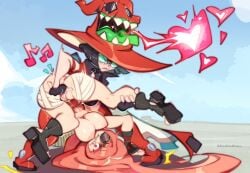 2girls arc_system_works baiken blush disabledfetus eye_patch female_only fingering fingering_pussy glasses green-tinted_eyewear guilty_gear i-no leg_grab multiple_girls sunglasses tinted_eyewear upside-down witch_hat yuri