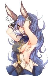 !? absurdres animal_ears areola_slip areolae armpit_crease armpits arms_up bangs black_gloves blue_hair blush breasts breath closed_mouth covered_erect_nipples dress erune female ferry_(granblue_fantasy) frilled_gloves frills from_side gloves granblue_fantasy hair_between_eyes highres long_hair medium_breasts nipple_slip nipples roas01b short_dress sideboob simple_background sleeveless sleeveless_dress solo steam steaming_body sweat sweatdrop turtleneck turtleneck_dress upper_body white_background yellow_eyes