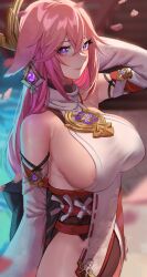 1girls animal_ears areola_slip arm_up bangs bare_shoulders big_breasts cozyu earrings female female_only genshin_impact hair_ornament hand_behind_head large_breasts long_hair looking_at_viewer miko pink_hair sideboob solo solo_female thick voluptuous yae_miko