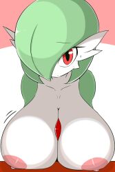 chest_spike gardevoir green_hair hair_over_one_eye huge_breasts leaning_forward looking_at_viewer nintendo nipples pokemon pokemon_(species) pokemon_only presenting red_eyes simple_background sugaru sweatdrop table tagme