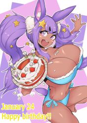 bikini birthday birthday_cake blue_bikini breasts_bigger_than_head bunny_ears bunny_girl bunny_tail bunnygirl cleavage dark-skinned_female dark_skin highres indie_virtual_youtuber large_breasts purple_eyes purple_hair rabbit_ears rabbit_girl rabbit_humanoid rabbitgirl squatting starry_hair stars_in_hair swimsuit twintails uzurimia virtual_youtuber zetsu_(zyej5442)