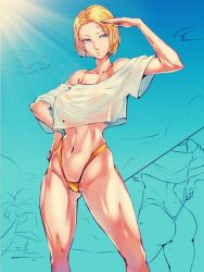 android_18 ass bikini blonde_hair blue_eyes blue_sky breasts collage commentary_request cowboy_shot crop_top crop_top_overhang day dimples_of_venus dragon_ball dragon_ball_z female forehead hand_on_hip highleg highleg_bikini juaagacgy kyuuakaku large_breasts multiple_views navel off-shoulder_shirt off_shoulder oversized_clothes shading_eyes shirt short_hair sketch sky standing swimsuit thick_thighs thighs thong_bikini toned wet wet_clothes wet_shirt yellow_bikini