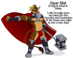 anthro armlet armor balls belt boots bovid bovine briefs bulge cape cattle clothing dialogue facial_piercing footwear genitals gloves hair hammer handwear horn male mammal metal muscular nipples nose_piercing nose_ring notkastar open_mouth pecs penis piercing signature solo teeth tools underwear