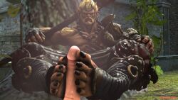 2boys 3d 3d_(artwork) abs ape armor armored_boots armored_dress bara barefoot bead_necklace beads beard big_penis bigsunsfm black_nails boner clothed clothing erect_penis erection feet feet_on_penis foot_fetish foot_focus foot_play footjob footjob_with_legwear frown full_body fur furry gay grass huge_cock lego lego_monkie_kid looking_at_viewer male male/male male_only monkey muscles muscular muscular_male necklace outdoors outside pecs penis primate smite spread_legs staff sun_wukong sun_wukong_(smite) tan_body tan_skin yaoi yellow_eyes yellow_fur yellow_hair