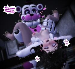 14_dicks 1boy 1girls 3d_(artwork) ahe_gao animatronic artist_self-insert black_hair blush bouncing_breasts english_text eyes_half_open eyes_rolling_back female_on_bottom female_penetrated female_self_insert five_nights_at_freddy's five_nights_at_freddy's:_sister_location funtime_freddy_(fnafsl) heart-shaped_pupils hi_res holding_legs human humanoid_penis implied_sex larger_male legs_apart legs_held_open legs_in_air legs_up light-skinned_female long_hair looking_pleasured male/female male_penetrating medium_breasts missionary_position nipples non-human on_back on_table open_clothing open_shirt pantyhose partially_clothed penetration robot robot_boy rough_sex self_insert sex shaking_legs smaller_female steam steamy_breath sweat sweatdrop sweating thrusting tongue_out