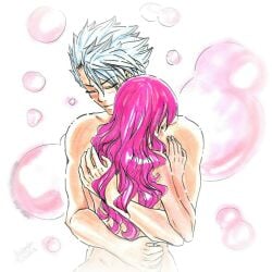 2016 anastasia1312 artist_signature dated embrace fairy_tail lyon_vastia meredy_(fairy_tail) nude pink_hair romantic_couple url white_hair