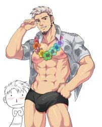 1boy 2boys aieliapoot balls bara being_watched big_balls big_chest big_pecs big_penis blush camp_buddy chest erect_penis erection erection_under_clothes erection_under_clothing facial_hair flower flower_necklace goro_nomoru hi_res lgbt_pride lgbt_pride_colors looking_at_another looking_at_viewer male male_focus male_only muscles muscular muscular_male nipples nosebleed older_male open_clothes open_shirt pecs penis pride_colors rainbow red_eyes seductive seductive_eyes seductive_look seductive_smile smile smiling smiling_at_viewer solo solo_focus solo_male tan_skin underwear white_hair yoshinori_nagira