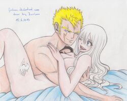 2013 artist_signature before_sex dated embrace fairy_tail female flirting juviaaa laxus_dreyar male mirajane_strauss missionary_position nude on_bed one_eye_closed pinned smirk tattoo_on_thigh url white_hair