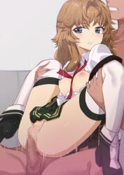 1boy blue_eyes breasts breasts_out brown_hair censored censored_penis censored_pussy chall_acustica female gundam gundam_00 gundam_00p highres legs long_hair morisobo mosaic_censoring no_bra no_panties rape red_ribbon ribbon sex tears teeth vaginal_penetration white_legwear