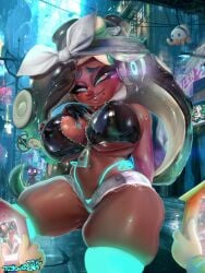 1girls big_ass big_breasts bikini brown_body bunger busty dark-skinned_female fat_ass huge_breasts latex marina_(splatoon) mole_under_mouth nintendo octoling seductive_smile splatoon splatoon_2 sweat thick_thighs thighhighs tudduls