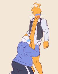 ass blowjob blue_blush bottomless breath closed_eyes gay grillby jacket_open looking_pleasured male/male muscular redeyedgazer sans shirt_open tongue_out undertale yaoi