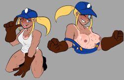 1girls boots breasts female gadgette_(pinkie_peaches) gloves hard_hat naked_overalls nipple_outline nipples no_bra no_pants overalls pantsless pinkie_peaches ponytail solo susaroo sweat sweatdrop sweating tan tank_top tanned tanned_skin tooth_gap topless