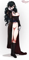 1girls alternate_version_available bare_legs black_hair boots breasts breasts_out female female_only fire_emblem fire_emblem:_three_houses genderswap_(mtf) gloves hair_over_one_eye hubert_von_vestra long_hair looking_at_viewer medium_breasts minacream nintendo nipples post-timeskip pussy rule_63 smile solo wavy_hair yellow_eyes