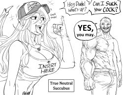 1boy 1girls 2022 abs absurd_res alignment_chart arrow bare_arms bare_shoulders baseball_cap bb_(baalbuddy) beard belt biceps breasts camisole cleavage clothes_writing clothing coomer crop_top demon_girl demon_wings dialogue earrings english_text erection erection_under_clothes fellatio_gesture female female_focus fertility_symbol fuck-me_shirt greyscale hat highres imminent_sex inviting inviting_to_sex jewelry large_breasts leaning_forward long_hair long_tongue looking_at_another male meme midriff mole mole_under_mouth monochrome motion_lines muscles muscular muscular_male naughty_face navel necklace nipples oral_invitation original paizuri_invitation pants pendant pinky_out pointy_ears pubic_tattoo saliva saliva_drip sexually_suggestive shirt simple_background smile sound_effects spaghetti_strap speech_bubble standing succubus tattoo teeth text tongue tongue_out topless wet wet_clothes white_background wings