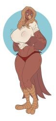 1girls anthro avian big_breasts blue_eyes breasts brown_hair clothed clothing female female_only furry furry_only hi_res large_breasts long_hair looking_at_viewer narrowed_eyes slightlysimian smiling smiling_at_viewer solo solo_female standing thick_thighs white_background