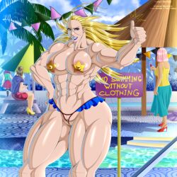 abs biceps blonde_hair cathleen_bate ero-enzo lipstick looking_at_viewer makeup muscular muscular_female muscular_thighs my_hero_academia pasties smile star_and_stripe_(my_hero_academia) strong tall_female thick_thighs thumbs_up