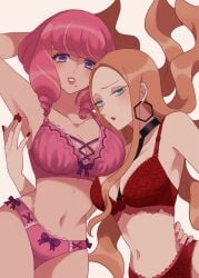 2girls alternate_costume black_choker blonde_hair bra breasts choker cleavage commentary_request creatures_(company) earrings eyelashes eyeshadow female female_only game_freak green_eyes highres hoop_earrings jewelry klara_(pokemon) lingerie long_hair makeup mole mole_under_mouth multiple_girls nail_polish nintendo oleana_(pokemon) panties parted_lips picot_trim picot_trim_bra picot_trim_panties pink_bra pink_eyeshadow pink_hair pink_lips pink_panties pokemon pokemon_(game) pokemon_ss pokemon_ss_isle_of_armor purple_eyes red_bra red_lips red_nails red_panties rinka_(rinka0912) smile underwear_down white_background