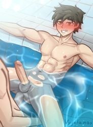 abs anal ass blush brown_hair bulge erection gay male male_only muscular nipples nude penis pool sex_in_water swimwear vyjalanas water water_sex wet yaoi yellow_eyes