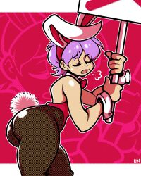 1girls ass bent_over bunny_ears bunny_tail bunnysuit capcom closed_eyes clothing darkstalkers female female_only hi_res legendofnerd lilith_aensland neck_ribbon pantyhose purple_hair side_view small_breasts solo solo_female succubus thick_thighs wrist_cuffs