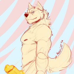 2022 anthro canid canine canis digital_media_(artwork) erect fluffy fur genitals humanoid_genitalia humanoid_penis koorivlf looking_at_viewer mammal nipples nude penis penis_tip side_view signature simple_background sketch smile solo standing wolf yellow_penis