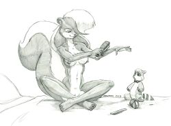 2022 anthro areola baron_engel bed breasts brush brushing brushing_fur casual_nudity comb_(brush) crossed_legs feet female fur furniture genitals graphite_(artwork) hairbrush humanoid_feet mammal mephitid monochrome navel nipples nude pencil_(artwork) personal_grooming plantigrade plushie pussy rosemary_parker_(character) sitting skunk solo traditional_media_(artwork)