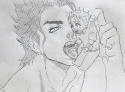 arm_cuffs baring_teeth blush brunet chibi clothed dangling dangling_legs earring earrings fingers giant giant_male gloves grandfather_and_grandson hands holding holding_shirt implied_vore incest jijimago jojo's_bizarre_adventure joseph_joestar jotaro_kujo licking macro macro/micro magojiji micro old_joseph older_male open_mouth pants picking_up pinching prosthetic_hand salt_and_pepper_hair scared scared_expression shirt shirt_hold stardust_crusaders tear tears teeth teeth_showing tongue tongue_out vore wrinkles younger_male