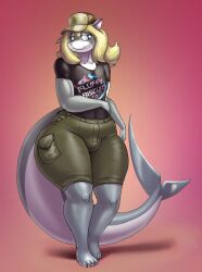 anthro biped blonde_hair blue_eyes bottomwear bulge clothed clothing fish fully_clothed gradient_background great_white_shark grey_body grey_scales hair lamnid lamniform male marine scales shark shorts smile solo standing vdisco wake_the_shark wide_hips