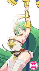 1girls 2019 absurdly_long_hair alluring arm_bracelets arms_up arms_up_pose belt breasts choker cleavage curvy dancing deity female female_focus female_only goddess gold_jewelry green_eyes green_hair hips kid_icarus kid_icarus_uprising looking_at_viewer medium_breasts nintendo palutena pendant pole_between_ass schpicy seductive_look shaking_hips staff strapless_dress teasing thigh_gap thighhighs tiara white_dress