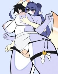 anthro breasts cali_(nastycalamari) cats furry panties purple_hair pussyjob rubbing_pussy thighjob