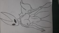 1girls absurd_res areolae big_breasts black_eyes breasts cloak empty_eyes female female_only handdrawn hollow_knight hornet_(hollow_knight) hotline insect insect_girl insects nipples no_mouth no_pupils partially_clothed pussy simple_background solo standing traditional_media_(artwork) uncolored