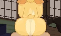 anal animal_crossing animated ass back_view big_butt canine dominant_anthro dominant_female first_person_view gif human human_on_anthro interspecies interspecies_domination isabelle_(animal_crossing) nintendo papermoonqueen pixel_art pov submissive_male submissive_pov tail tan_fur two_tone_fur yellow_fur