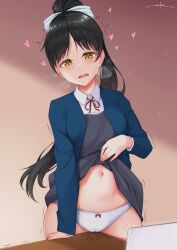 arm_support artist_name bangs black_hair blue_jacket blush bow bow_panties breasts clothes_lift collared_shirt commentary cowboy_shot crotch_rub dress dress_lift eyebrows_visible_through_hair female female_masturbation fully_clothed grey_dress hairbow hand_up hazuki_ren heart heart_in_eye heavy_breathing high_ponytail highres indoors jacket lifted_by_self light_particles long_hair long_sleeves looking_away looking_down love_live! love_live!_superstar!! masturbation masturbation_through_clothing medium_breasts navel neck_ribbon open_clothes open_jacket open_mouth panties ponytail pussy_juice_stain red_bow red_ribbon ribbon school_uniform shirt signature solo standing stomach striped striped_bow sweat symbol_in_eye table table_humping tablet_pc trembling underwear unsfrau very_long_hair wavy_mouth white_bow white_panties white_shirt yellow_eyes yuigaoka_school_uniform