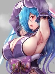 .live armpits arms_up bangs biro-budou blue_hair breasts cleavage collar dress dripping female hair_over_one_eye highres huge_breasts japanese_clothes kimono live one_eye_covered open_mouth red_eyes side_slit sleeveless sleeveless_dress solo sweat sweatdrop undressing upper_body virtual_youtuber wet yamato_iori