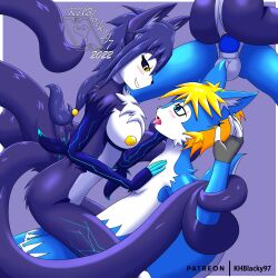 absurd_res anthro arm_markings balls blonde_hair blue_body blue_eyes blue_fingers blue_fur blue_penis blush bondage bondage bound canid canine chest_fur chest_tuft dark_body dark_hair dark_sclera dominant dominant_female duo eye_contact female female_on_top fox fur fur_markings genitals hair hand_markings hand_on_cheek hand_on_chest hi_res hyro_soriuki khblacky97 knot leg_markings looking_at_another looking_pleasured male male/female mammal markings multi_tail multicolored_body multicolored_fur nipples on_top penetration penis pussy raised_tail shion_ikigai simple_background tail_bondage tongue tongue_out tuft vaginal_penetration vaginal_penetration white_body yellow_eyes yellow_nipples yellow_pussy