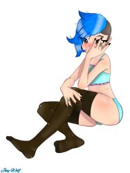 1boy bad_girl black_nails black_stockings blue_hair blush brown_eyes covering_face diamond_ring femboy gay joey_wolfhound(joey_wolf) lingerie mexican piercing rings shy solo trap