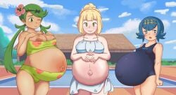 3girls alternate_version_available bangs big_breasts blonde_hair blue_eyes blue_hair blush braided_hair embarrassed female_only flower_in_hair game_freak green_eyes green_hair hair_ornament headband huge_belly lana_(pokemon) lillie_(pokemon) long_hair m-b-m mallow_(pokemon) mob_face multiple_pregnancies nintendo pokemon pokemon_sm ponytail pool pregnancy pregnant pregnant_belly ready_to_pop short_hair small_breasts standing swimsuit tan_skin twintails