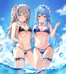 2girls :o ahoge animal_ears ass_visible_through_thighs bangs bikini black_bikini blue_bikini blue_hair blue_sky blush breasts cleavage closed_mouth day detached_collar elf eyebrows_visible_through_hair flower frilled_bikini frills grey_eyes hair_flower hair_ornament heart_ahoge highres hololive hololive_gen_5 hololive_japan leg_garter lion_ears long_hair maid maid_bikini maid_headdress mayo_(miyusa) medium_breasts multiple_girls navel ocean outdoors parted_lips pointy_ears pulled_by_self shishiro_botan silver_hair sky smile standing stomach strap_pull swimsuit thigh_gap underboob untied untied_bikini very_long_hair virtual_youtuber water white_flower yellow_eyes yukihana_lamy