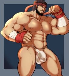 balls bara bulge erickbsan facial_hair fundoshi gay male male_only muscles muscular penis ryu_(street_fighter) solo solo_male street_fighter street_fighter_6 sweaty